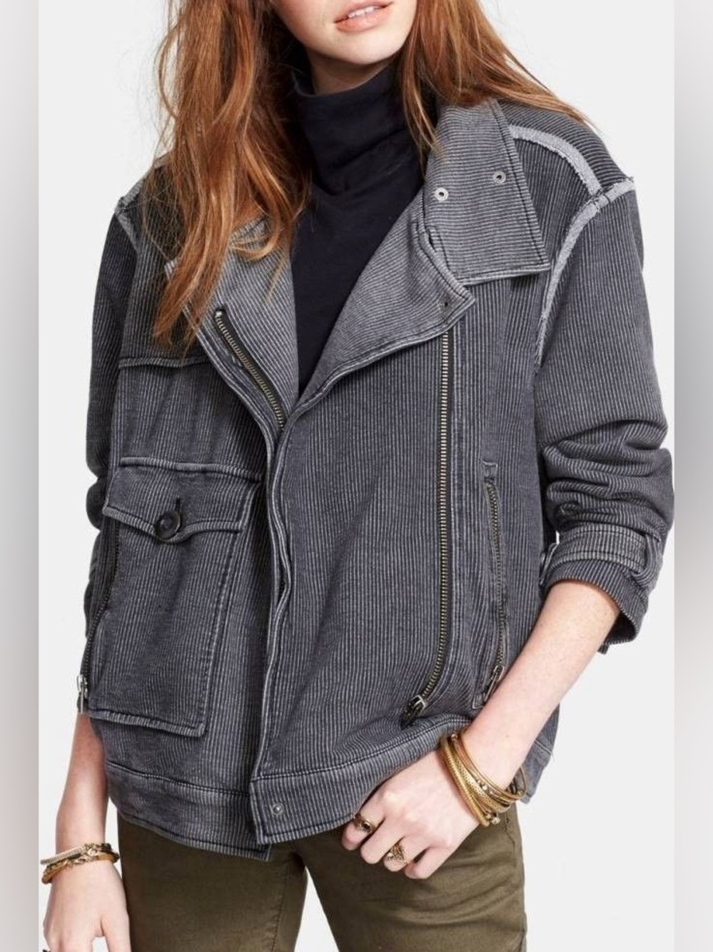 Free People Gray Corduroy Utility Moto Jacket